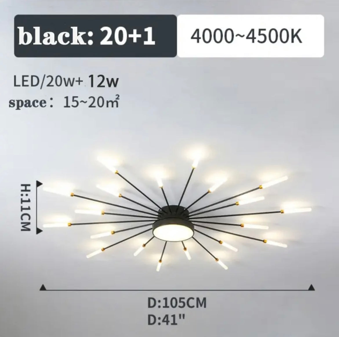 2-In-1 Firework Shaped LED Ceiling Light, with Center Light - b11house Black / 20+1 Heads