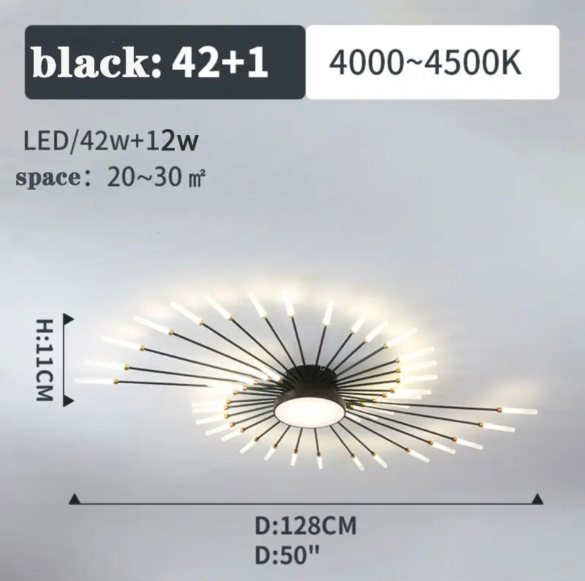 2-In-1 Firework Shaped LED Ceiling Light, with Center Light - b11house Black / 42+1 Heads